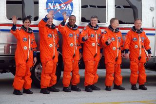 The space shuttle Discovery's final crew, the six astronauts of NASA's STS-133 mission, head to Launch Pad 39A at the Kennedy Space Center in Florida for launch on Feb. 24, 2011.