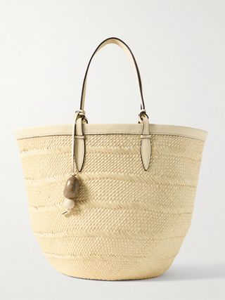 Medium Leather-Trimmed Woven Iraca Tote
