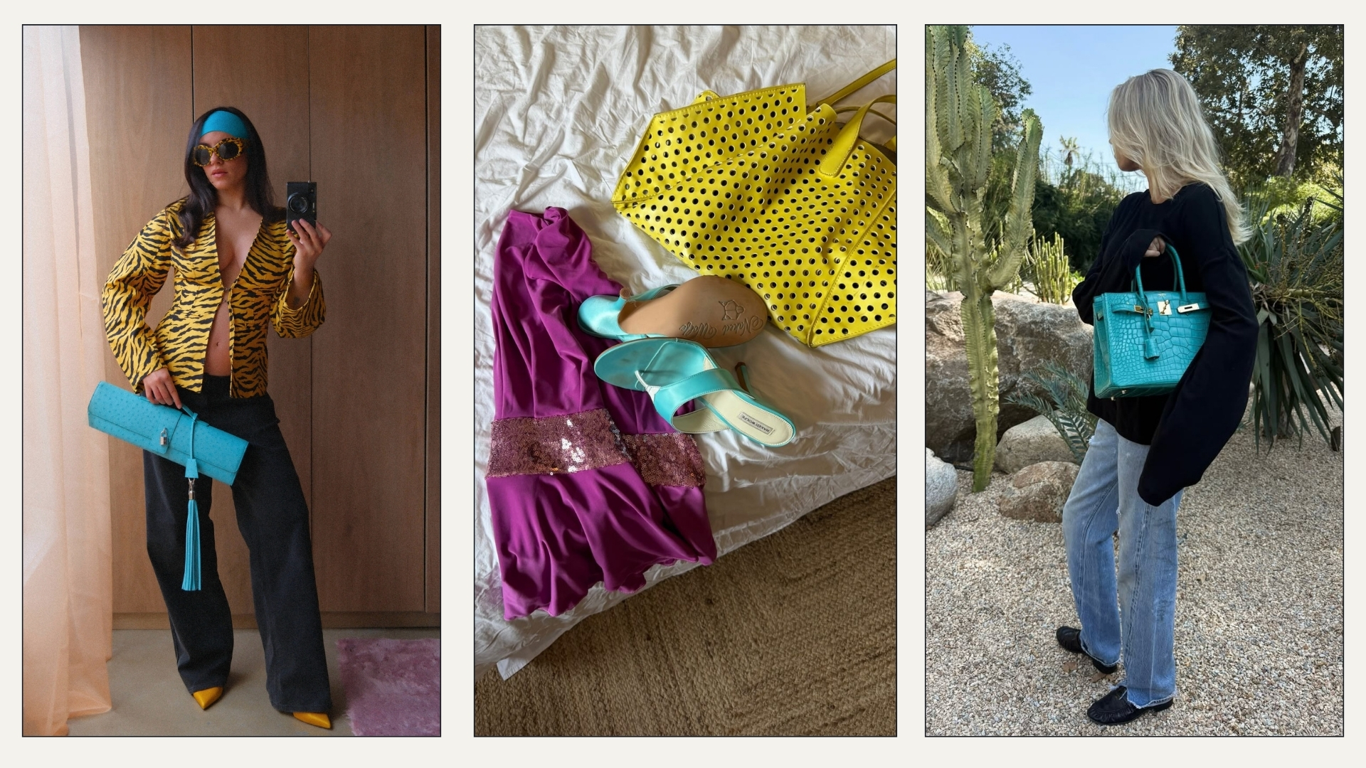 Collage of influencers wearing turquoise accessories.