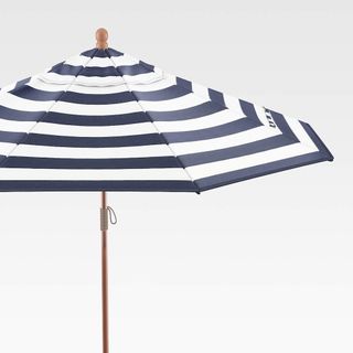 Round Sunbrella Cabana Stripe Navy Outdoor Patio Umbrella With Eucalyptus Frame
