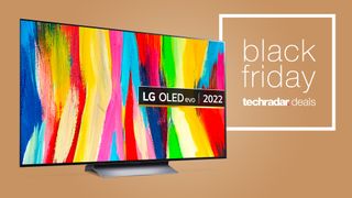 LG C2 on brown background with sign saying Black Friday deals