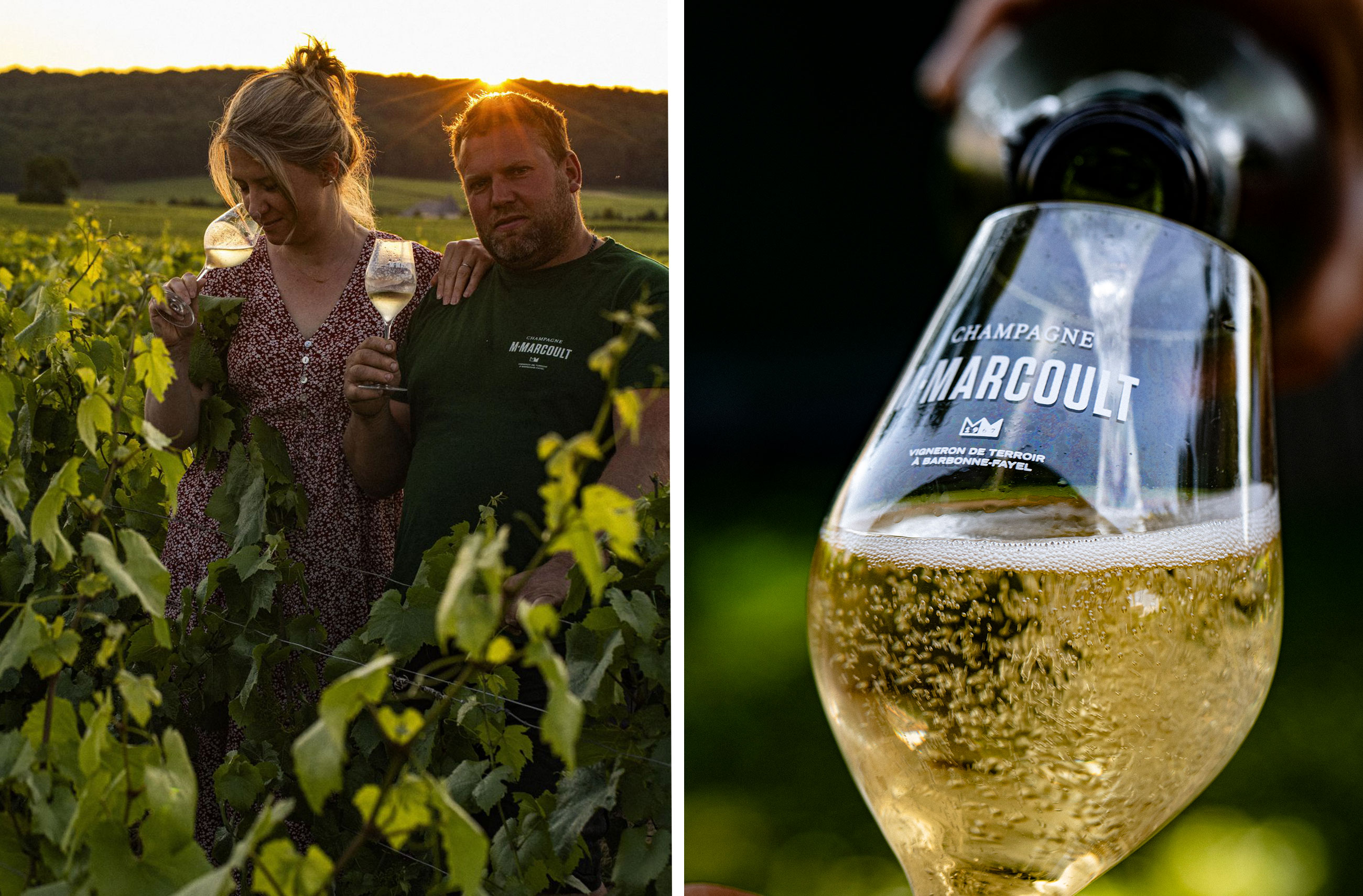 M Marcoult photo collage of vines and a glass of sparkling wine being poured.