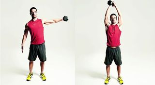 Man demonstrates two positions of the overhead pass exercise with one dumbbell