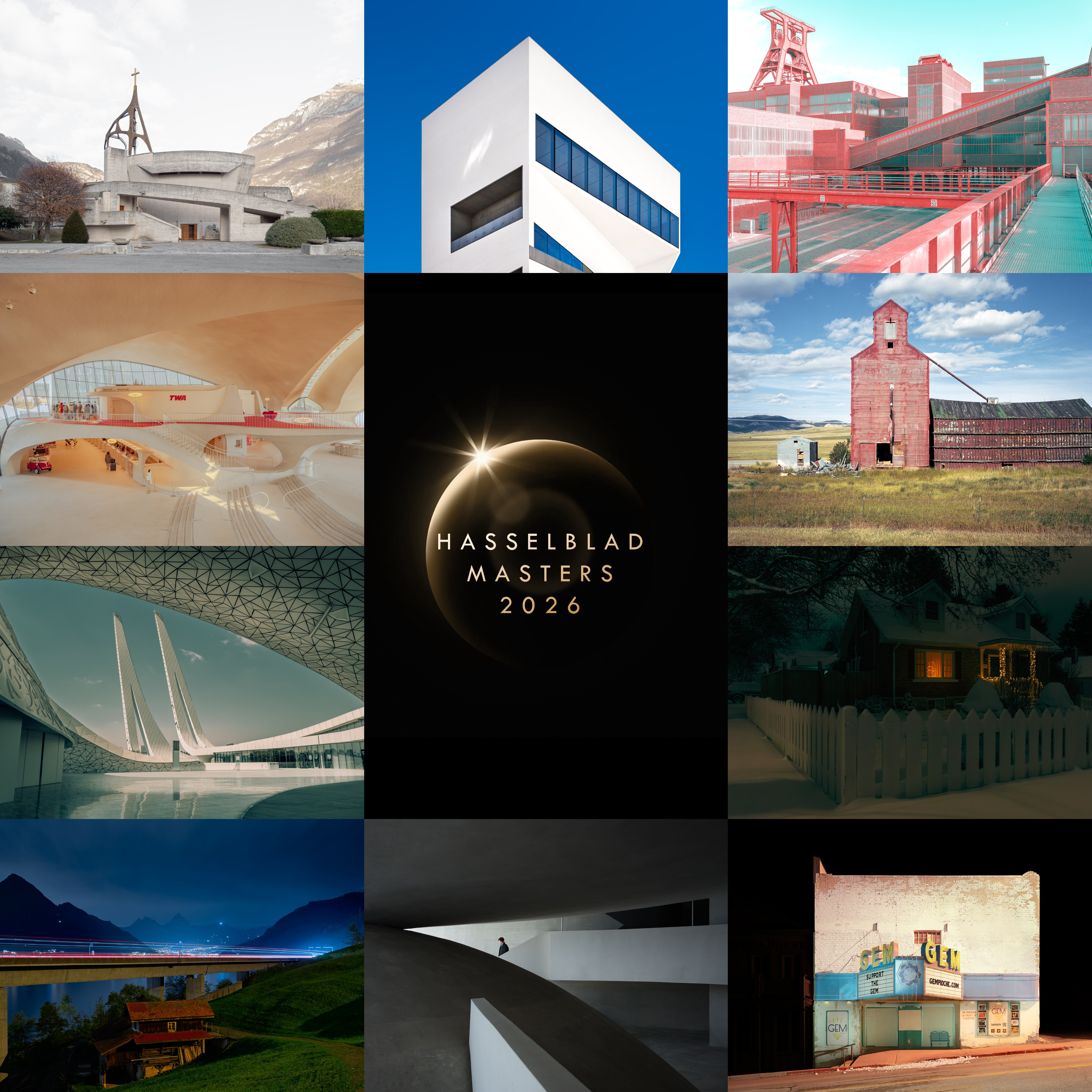 A grid of architectural images and scenes surrounding a central "Hasselblad Masters 2026" logo. Images include modern and rustic structures