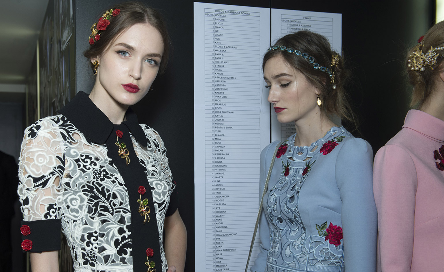 Models wearing black & white, pale blue and pink suits with lace and rose details, from Dolce & Gabbana A/W 2015 collection.