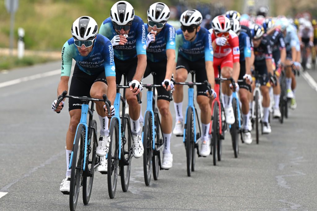 MAESTU PARQUE NATURAL DE IZKI SPAIN SEPTEMBER 05 Bruno Armirail of France and Geoffrey Bouchard of France and Team Decathlon AG2R La Mondiale lead the peloton during the La Vuelta 79th Tour of Spain 2024 Stage 18 a 1798km stage from VitoriaGasteiz to Maestu Parque Natural de Izki UCIWT on September 05 2024 in Maestu Parque Natural de Izki Spain Photo by Tim de WaeleGetty Images