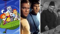 A three-way split image showing a scene from The Jetsons, Star Trek, and Doctor Who.