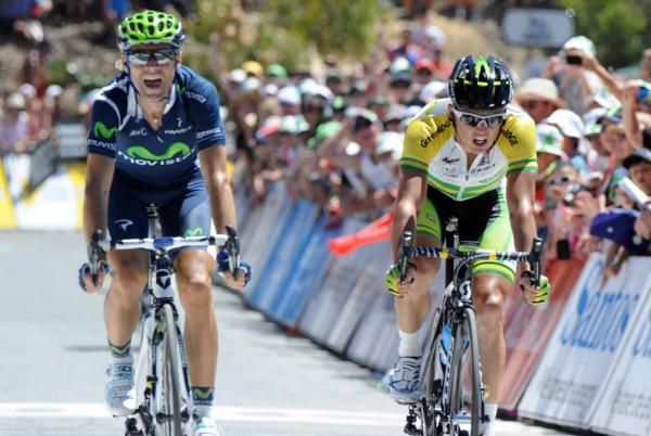 Alejandro Valverde (Movistar) just pipped Simon Gerrans (GreenEdge) atop Old Willunga Hill.