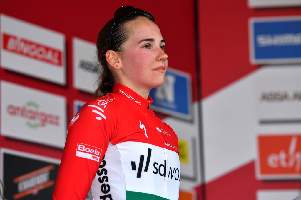OVERIJSE BELGIUM OCTOBER 31 Blanka Vas Kata of Hungary Team SD Worx celebrates at podium as race winner after the 62nd Druivencross Overijse UCI CycloCross Worldcup 2021 Womens Elite DruivencrossOverijse CXWorldCup UCIcyclocrossWC on October 31 2021 in Overijse Belgium Photo by Luc ClaessenGetty Images