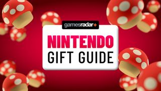Nintendo gifts with Super Mario-style mushrooms on a red background