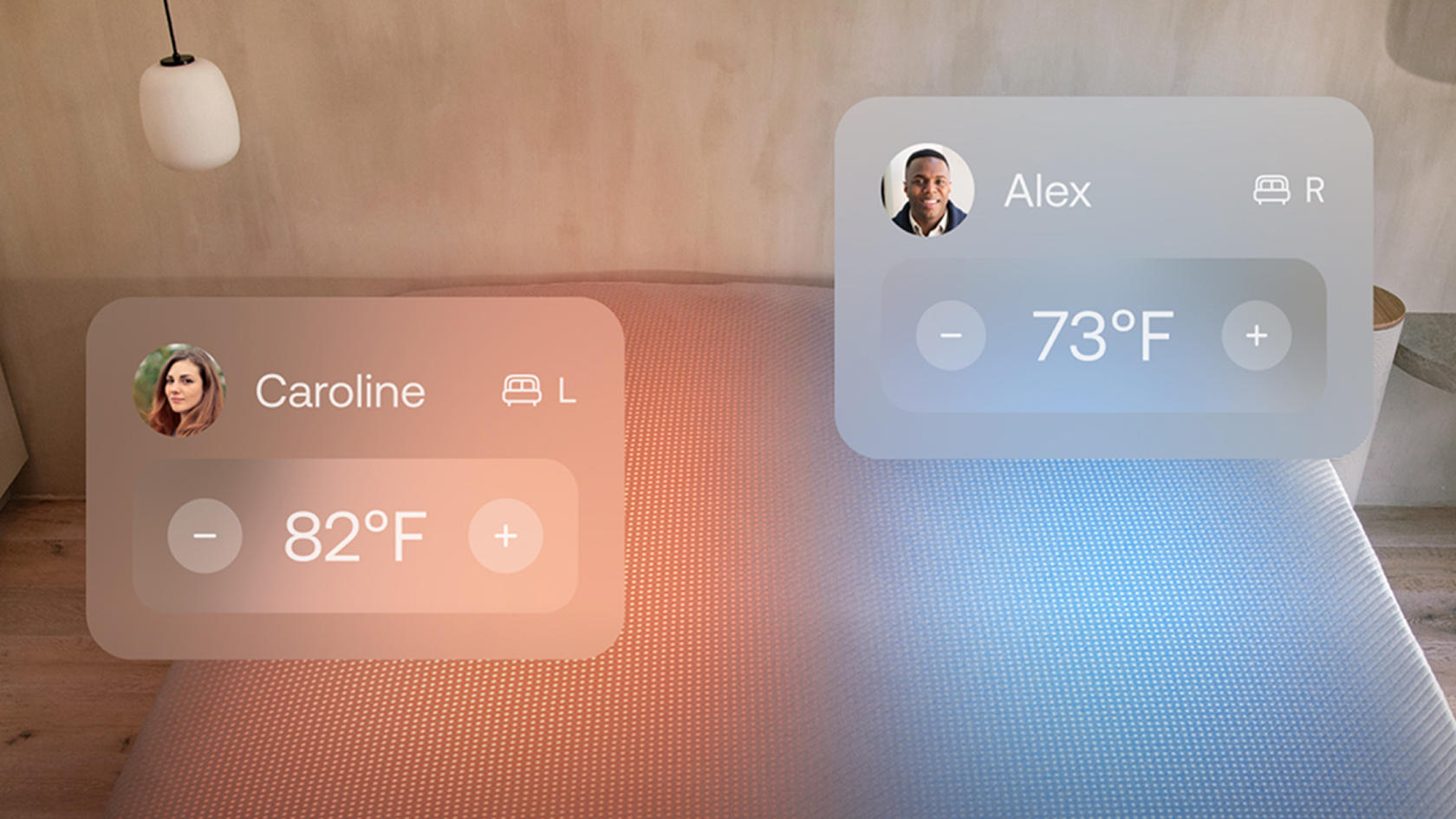 An overhead shot of the Orion mattress cover with one side lit red and the other blue. Overlaid on top is a graphic showing the sleep temperatures for two users