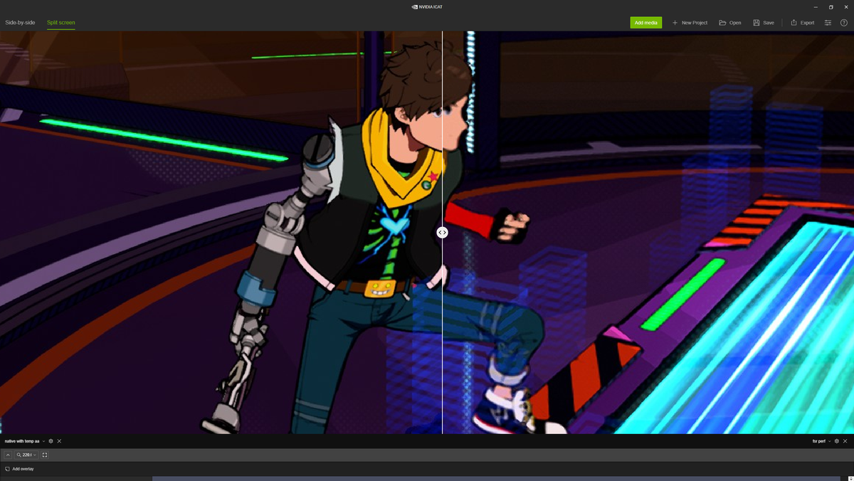 Screenshots of Nvidia ICAT showing Hi-Fi Rush running under Intel XeSS, AMD FSR 1.0, Nvidia DLSS, and Native with Temporal AA.