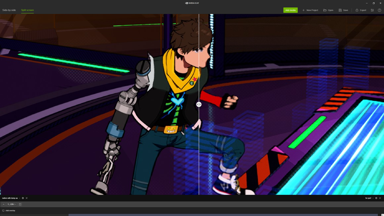 Screenshots of Nvidia ICAT showing Hi-Fi Rush running under Intel XeSS, AMD FSR 1.0, Nvidia DLSS, and Native with Temporal AA.