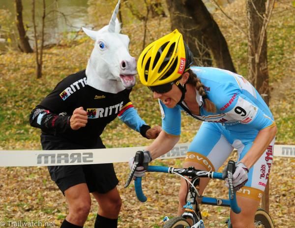 Mo Bruno-Roy (Bob's Red Mill-Seven) being cheered on by a unicorn