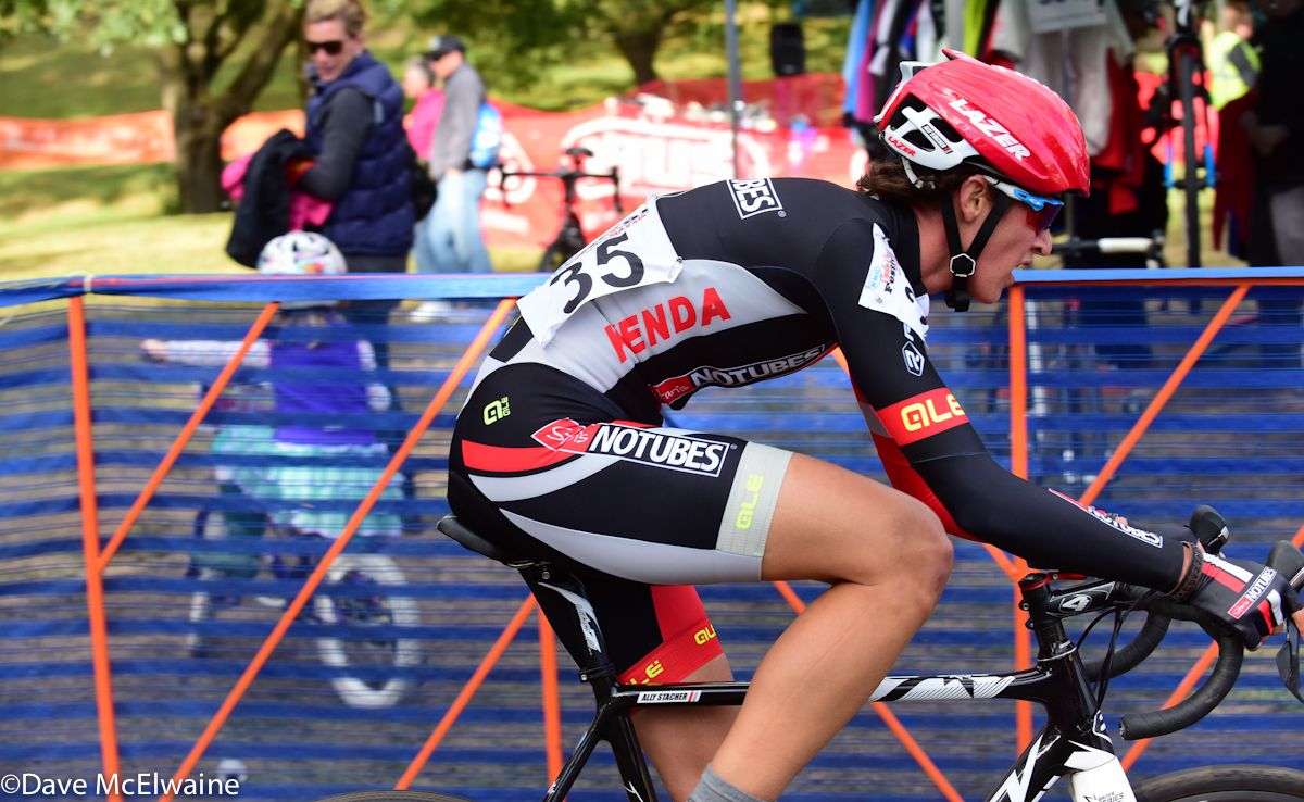 Aly Stacher (Stans NoTubes) coming through the Factory Expo area with two laps remaining