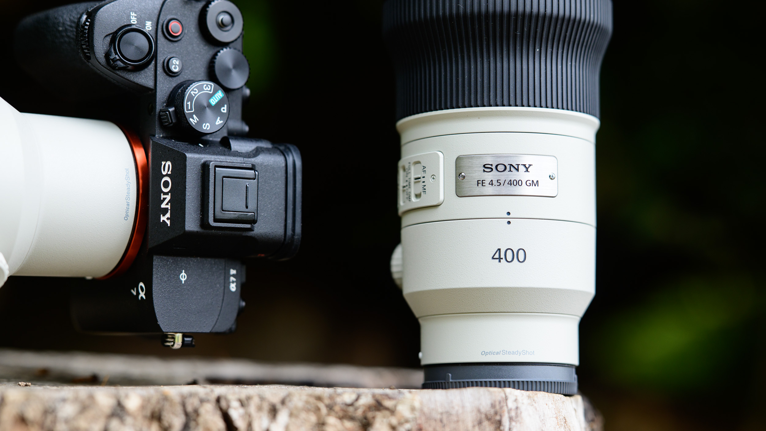 Sony FE 400mm F4.5 GM OSS and Sony FE 600mm F6.3 GM OSS super-telephoto lenses on a tree stump, with the 600mm attached to a Sony A7R V camera