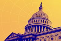 An abstract close up of the US Capitol Building with a yellow sky