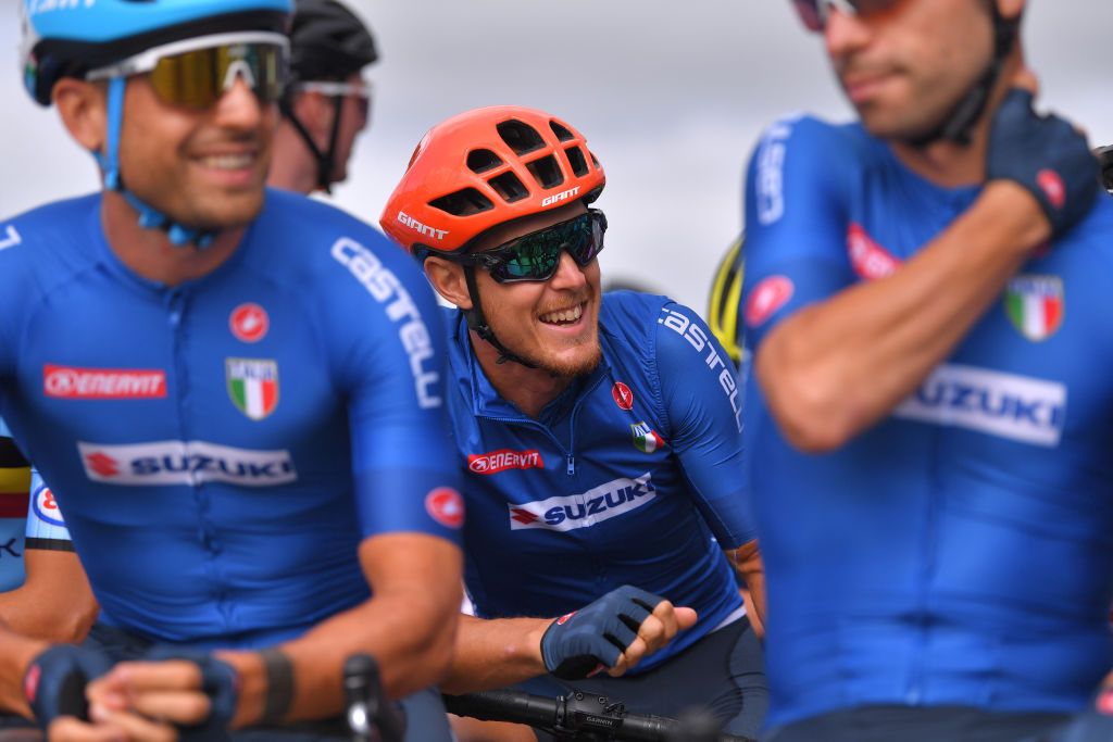 PLOUAY FRANCE AUGUST 26 Start Matteo Trentin of Italy during the 26th UEC Road European Championships 2020 Mens Elite a 17745km race from Plouay to Plouay UECcycling EuroRoad20 on August 26 2020 in Plouay France Photo by Luc ClaessenGetty Images