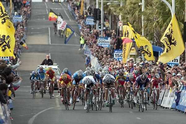 The peloton charge up Moorabool street in Geelong towards the finish-line of the men's under 23 road race.