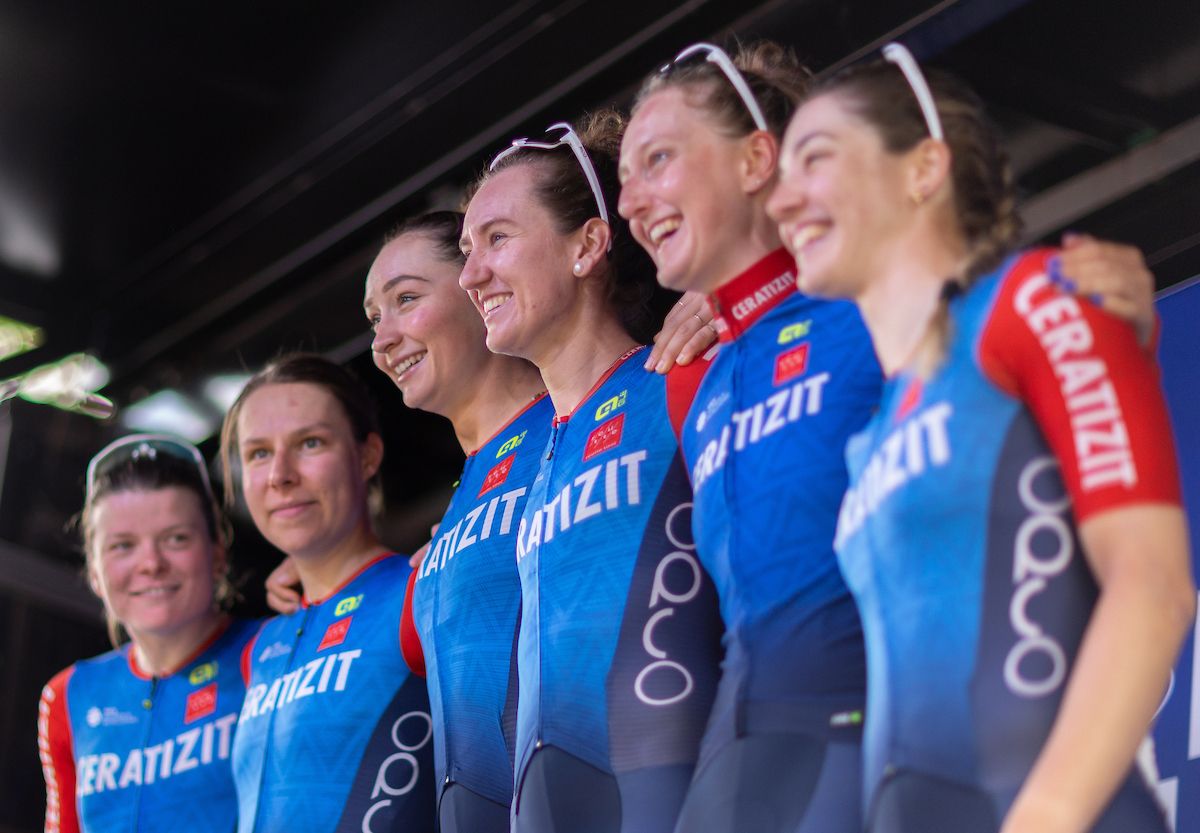 Ceratizit&acirc;WNT Pro Cycling (GER), winners of the general team classification, celebrate on the podium following Stage Three of the Ford RideLondon Classique on Sunday 26th May 2024.
Photo: Chloe Knott for London Marathon Events
For further information: media@londonmarathonevents.co.uk