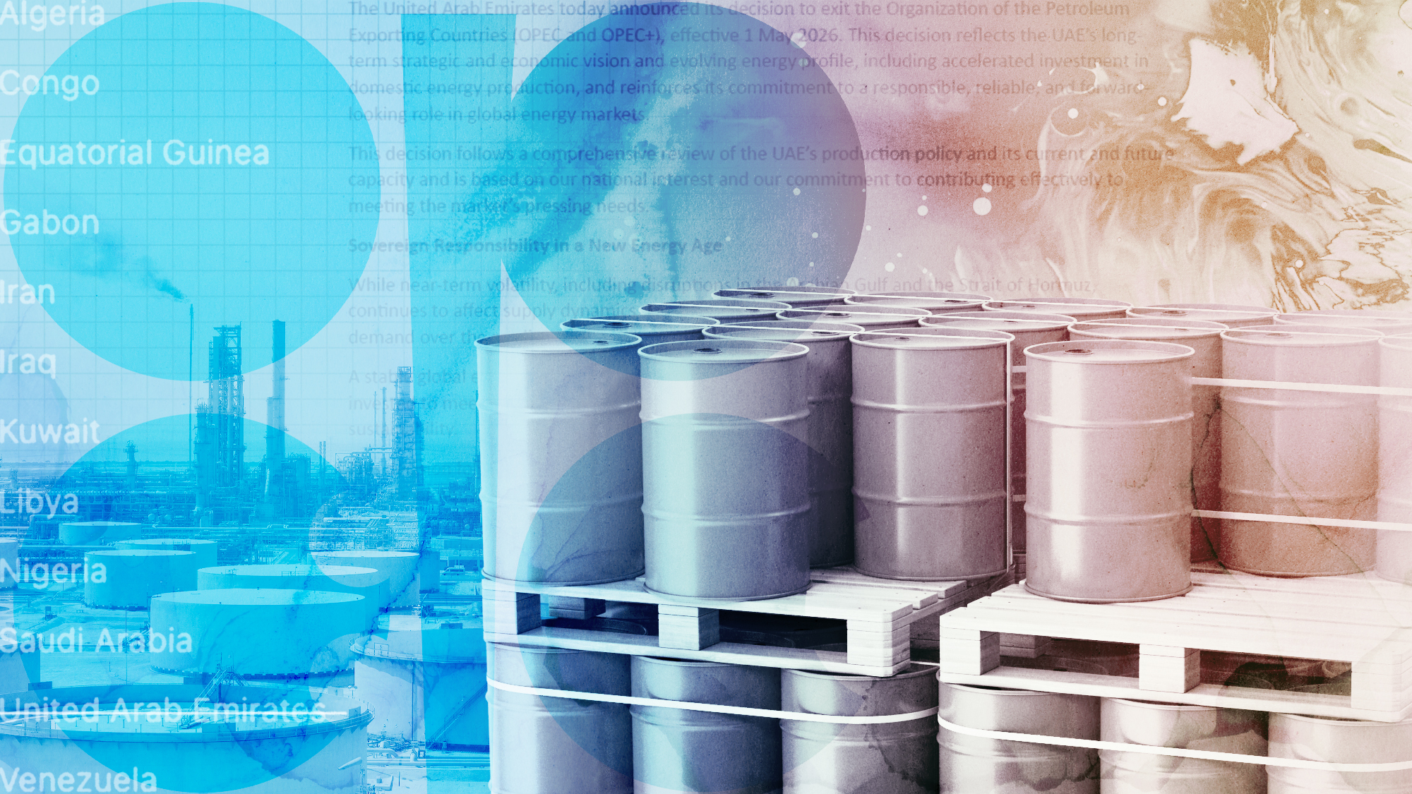 Photo composite illustration of an oil field, barrels of oil, the OPEC logo and list of member countries