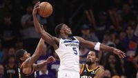 nthony Edwards #5 of the Minnesota Timberwolves slam dunks the ball ahead of Bradley Beal #3 and Kevin Durant #35 of the Phoenix Suns during the second half of game four of the Western Conference First Round Playoffs at Footprint Center on April 28, 2024 