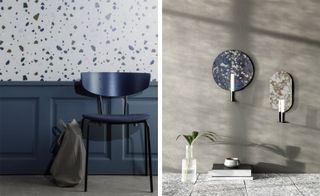 The ’confetti’ surface effect was seen across Ferm Living’s new wallpapers (left). Their candleholders (right) were decorated with oil-spill iridescence.