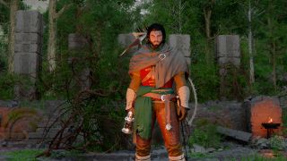 Crimson Desert Duskwood puzzle: Kliff standing in the Duskwood Hill Ruins in the forest, with various pillars and a turnstile behind him.