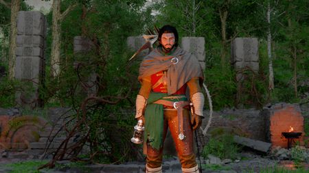 Crimson Desert Duskwood puzzle: Kliff standing in the Duskwood Hill Ruins in the forest, with various pillars and a turnstile behind him.