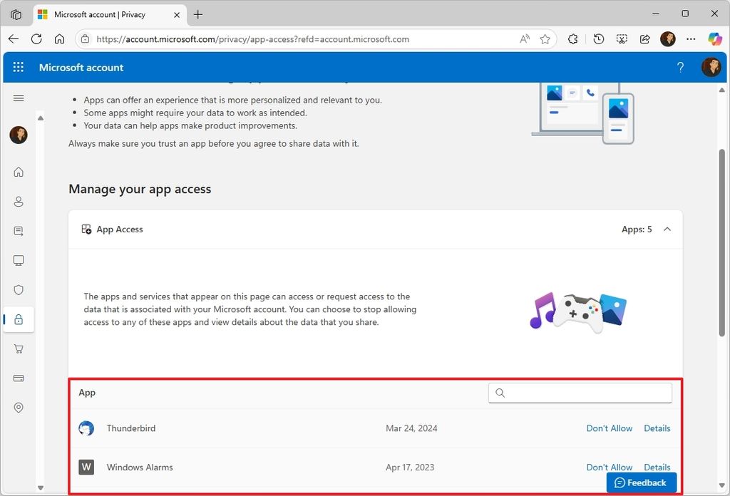 Microsoft account manage app access