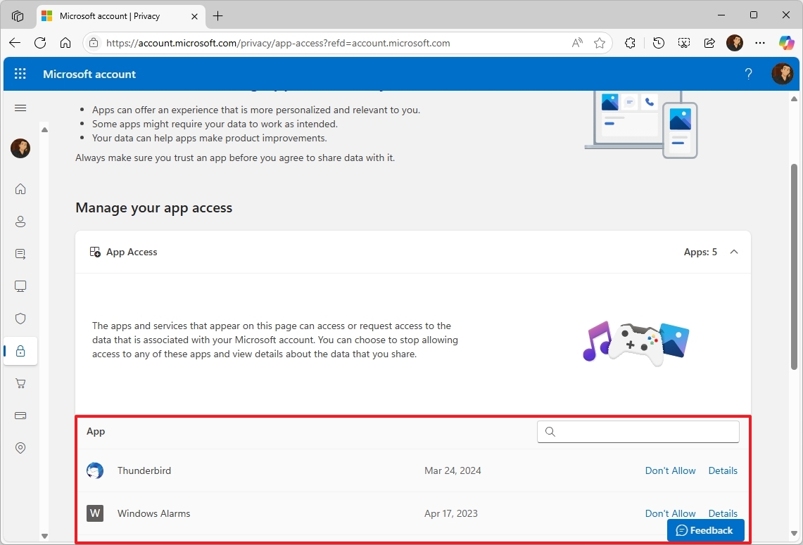 Microsoft account manage app access