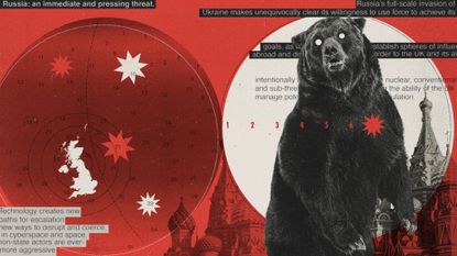 Photo composite illustration of a Russian bear eyeing a map of the UK