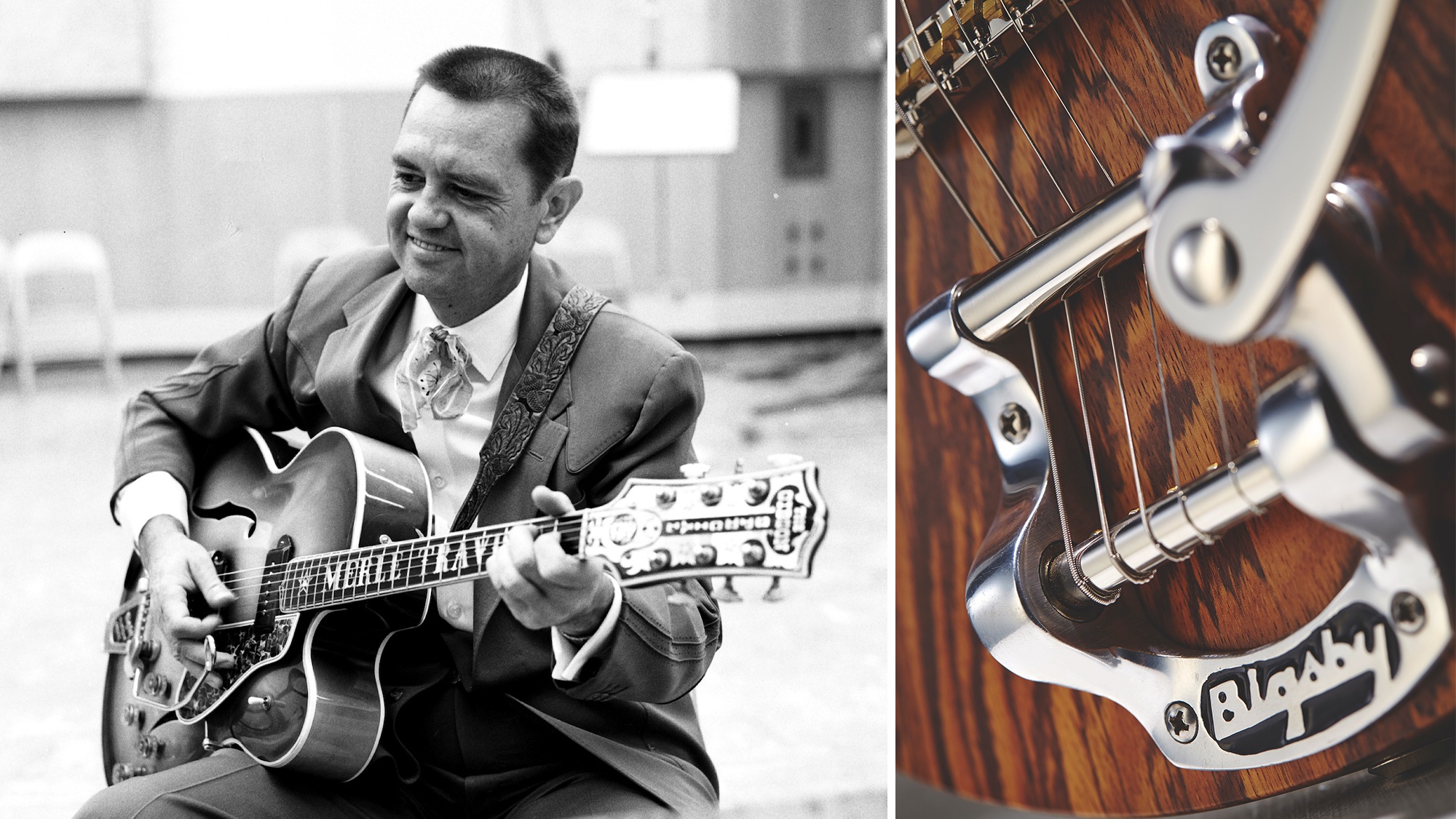 Merle Travis seated in a studio with his guitar (left), a Bigsby vibrato system