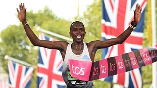 Kenya's Amos Kipruto breaks the tape to win last year's London Marathon in central London