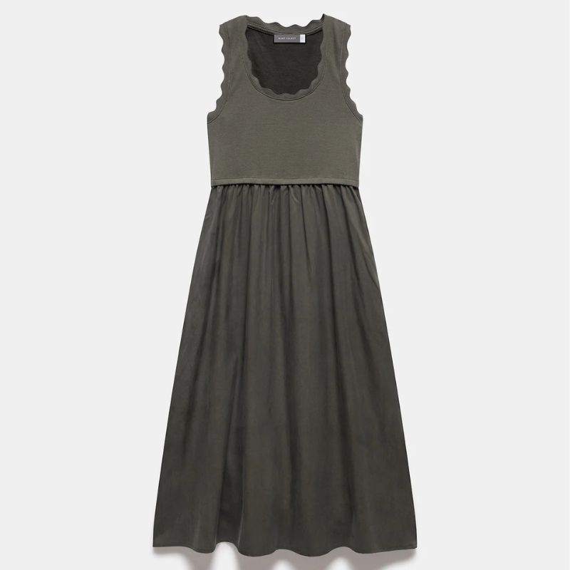 khaki sleeveless dress with scalloped edge