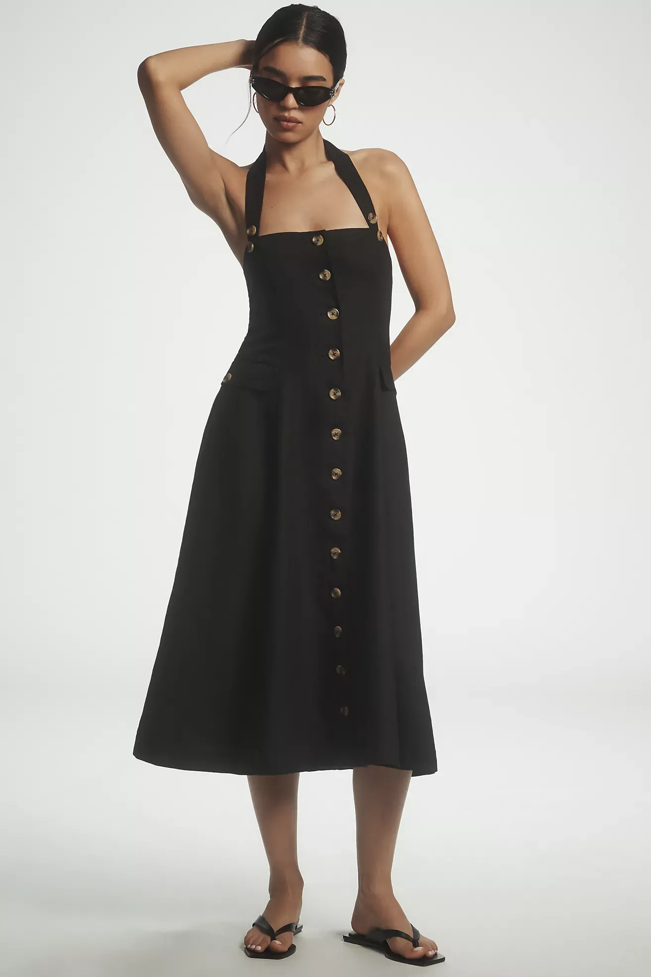 Mille Isla Linen Halter Square-Neck Button-Front Midi Dress