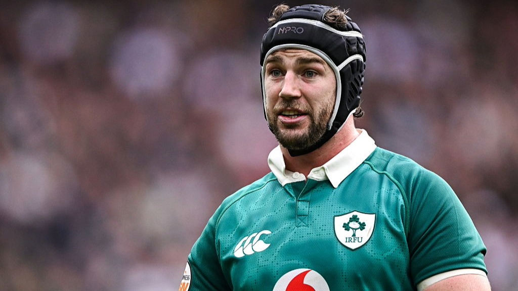 Caelan Doris, of Ireland, wearing a scrum cap.