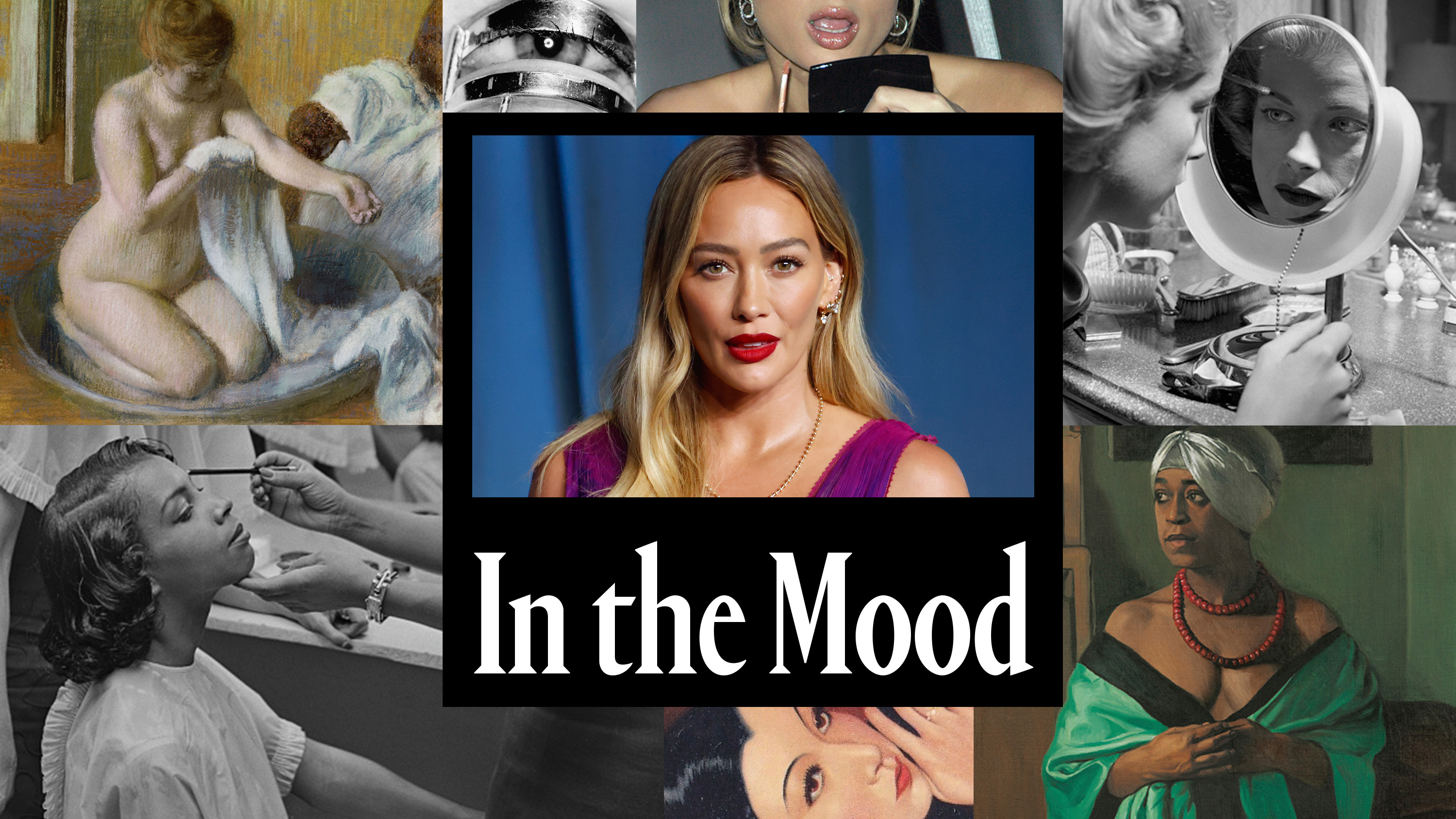 a blonde woman in a purple top in an In The Mood Collage