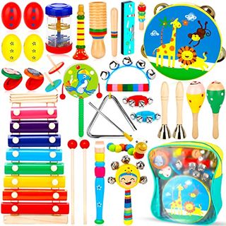 Aoxllk Balita Anak Alat Musik 32 Buah Alat Musik Perkusi Kayu Playset Dengan Ransel Penyimpanan, Set Perkusi Mainan Kayu, Mainan Musik untuk Pendidikan Dini untuk 1 2 3 4 5 6 Bayi