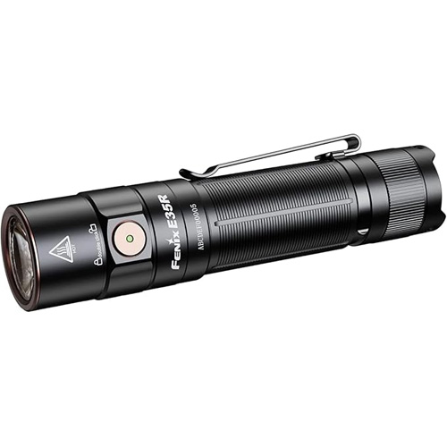 A Fenix E35R flashlight, lying on its side.