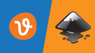 The Vecteezy and Inkscape logos facing off against each other on a blue and orange background