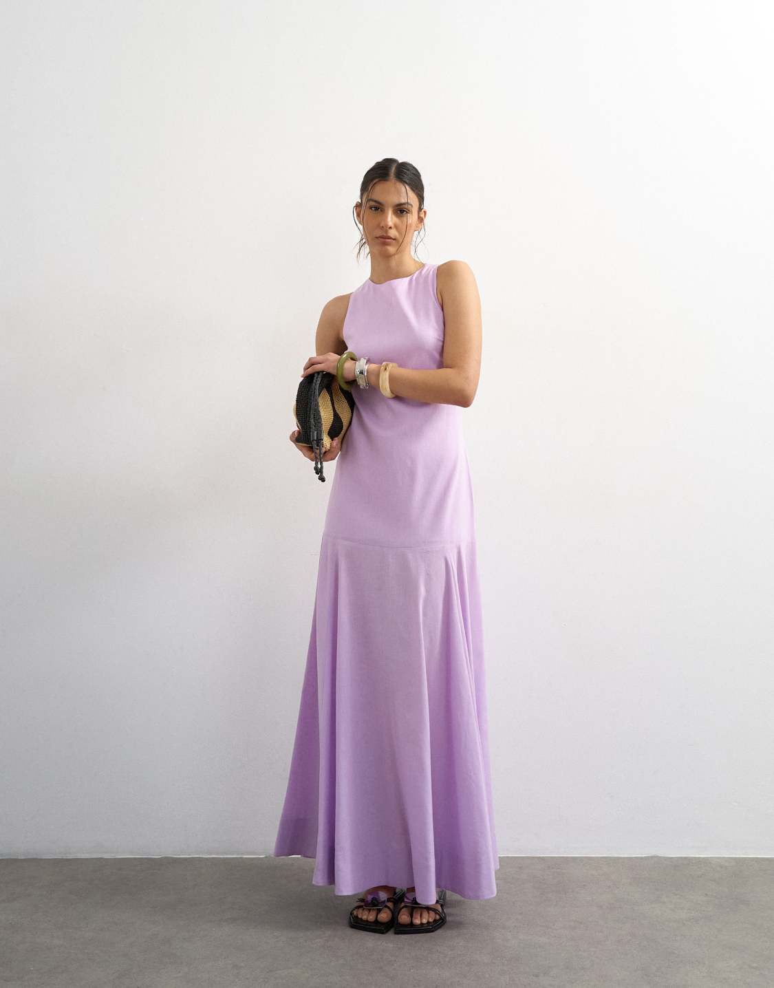 Topshop, Linen Rich Dropped Waist Full Circle Hem Midi Dress in Lilac
