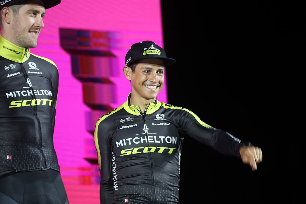 Esteban Chaves on stage at the Giro presentation