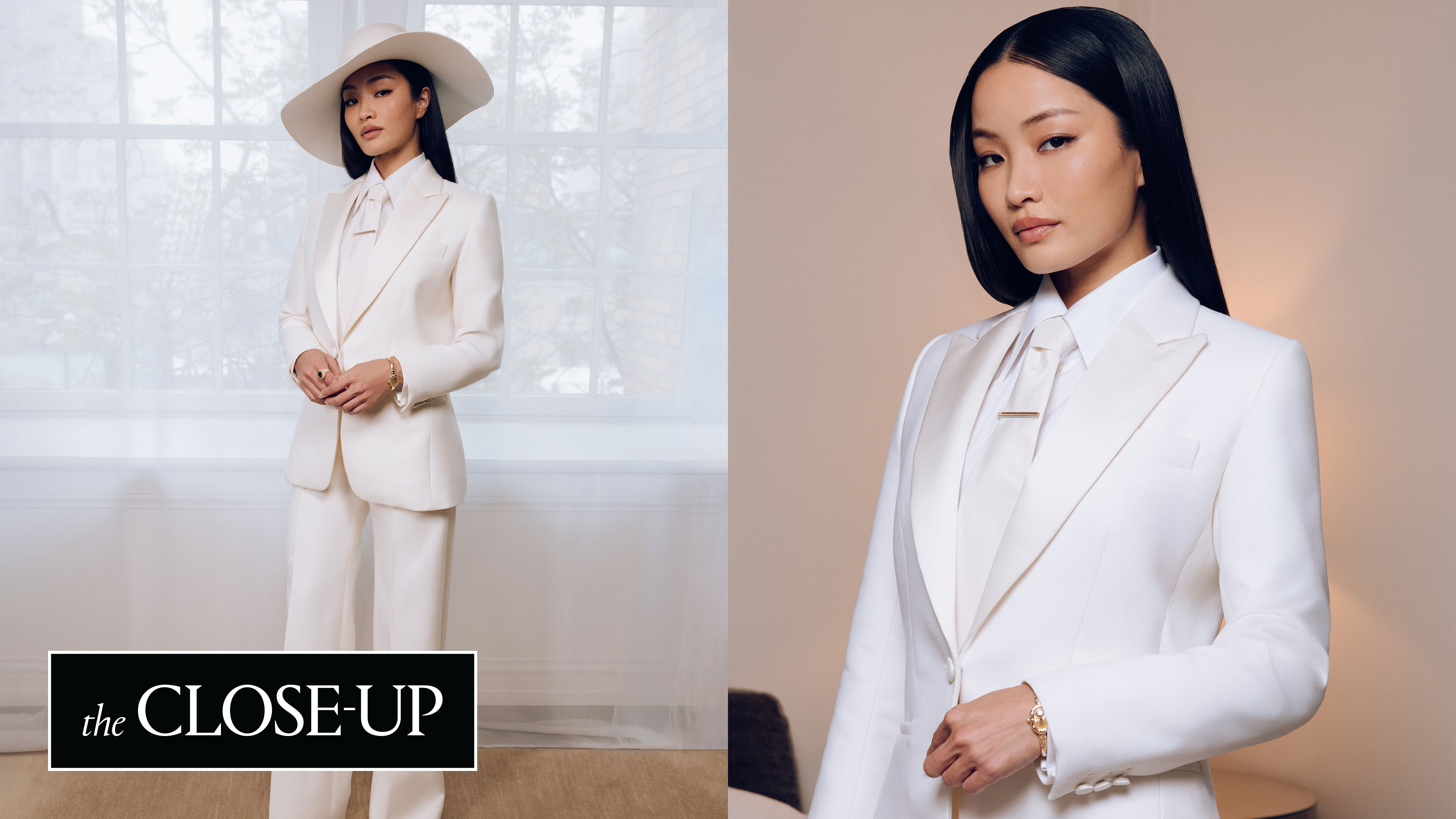Anna Sawai wearing a whit suit and hat from Dior for the 2025 Met Gala