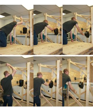 These two photo sequences depict there is a fighting advantage to walking on two legs and being tall. In the top three photos, a participant in the study kneels with four limbs on the ground and then raises one arm to strike downward on a padded block. Th