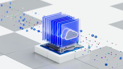 A CGI image of cloud layers shown as blue glass layers with a cloud on them, surrounded by cloud symbols on a grey and white background.