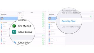Transfer data by using iCloud to backup by showing steps: Tap icloud backup, tap Back Up Now