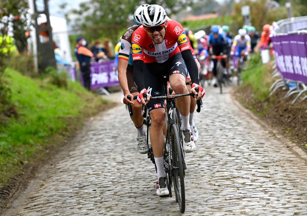 OUDENAARDE BELGIUM OCTOBER 18 Kasper Asgreen of Denmark and Team Deceuninck QuickStep Cobblestones during the 104th Tour of Flanders 2020 Ronde van Vlaanderen Men Elite a 2433km race from Antwerpen to Oudenaarde RVV20 FlandersClassic on October 18 2020 in Oudenaarde Belgium Photo by Nico Vereecken PoolGetty Images