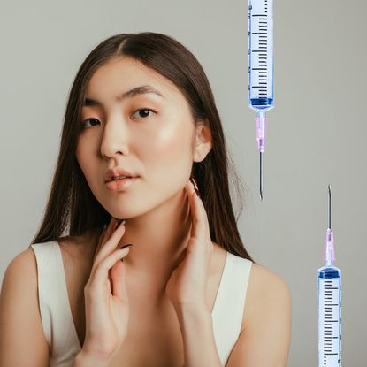 a young woman with dark hair in a white tank top on a gray background next to two white and pink botox needles