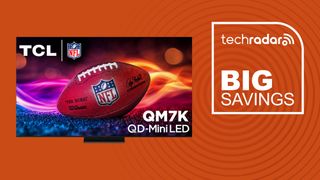 55-inch TCL QM7K Series 4K UHD HDR QD Mini LED Smart TV on orange background with TechRadar big savings sign